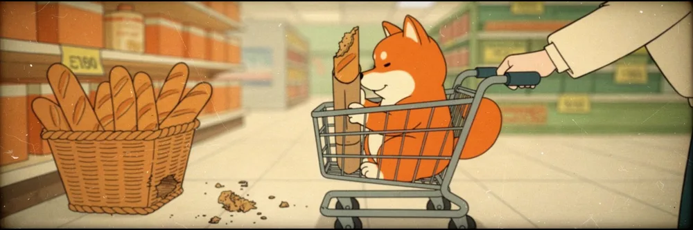 The inu in the cart next to a wicker basket of baguettes